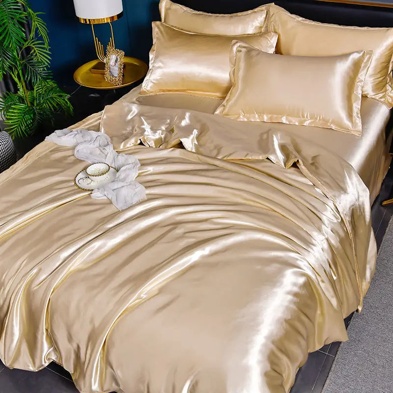 Nordic Silk Bedding Set with Duvet Cover Bed Sheet Pillowcase Luxury Couple Single Double Summer Home Textile Solid Bedsheet