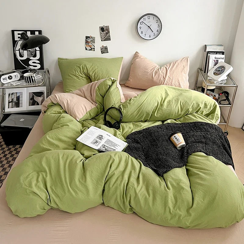 Solid Color Duvet Cover Set 100% Washed Cotton Bedding Set Super Soft Comfortable Lightweight Comforter Cover with 2 Pillowcases