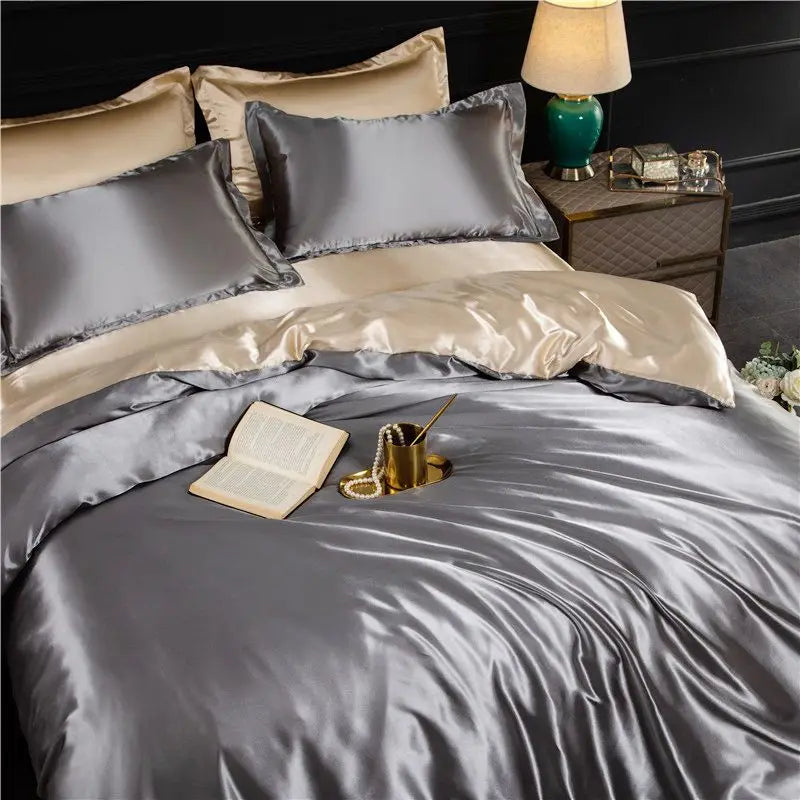 Nordic Silk Bedding Set with Duvet Cover Bed Sheet Pillowcase Luxury Couple Single Double Summer Home Textile Solid Bedsheet