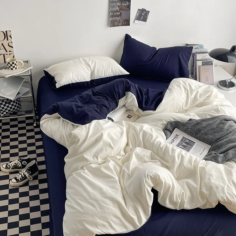 Solstice Home Textile Solid Color White Navy Blue Duvet Cover Pillow Cases Bed Sheet Girls Teenage Bed Linens Bedding Sets Queen