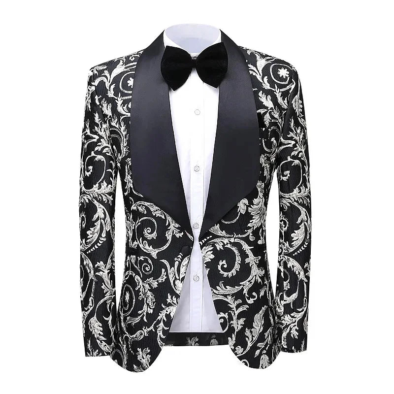 2-Piece Men's Printed Single Row One Button Suit Slim Korean Formal Dress For Groomsmen Wedding Clothing (Blazer+Pants)