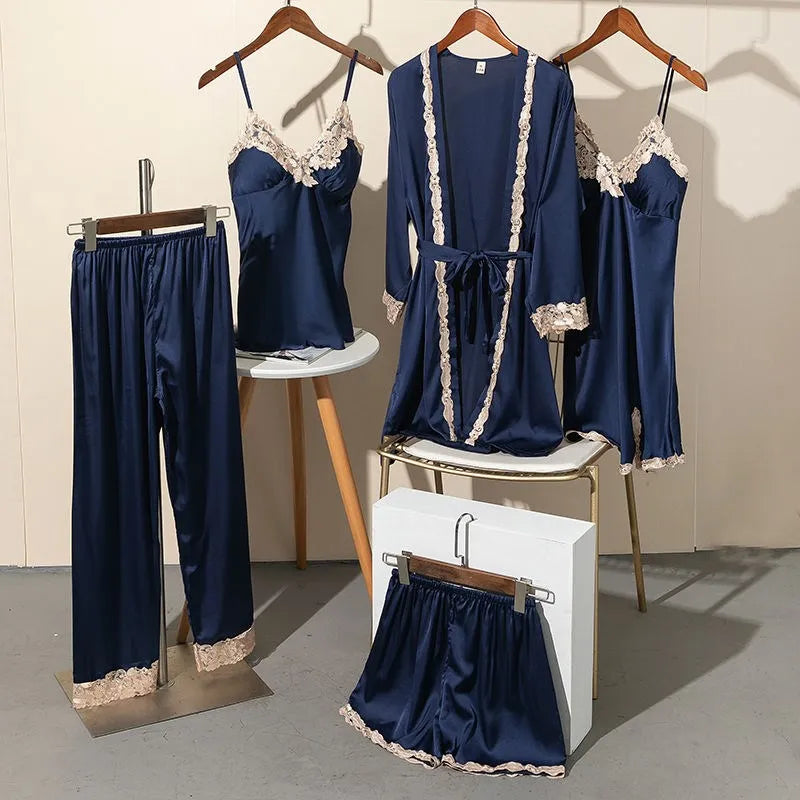 Spring Summer 5PCS PAJAMAS SET Sexy Lace Trim Bath Robe Nightgown Female Satin Cami Pijamas Suit Loose Home Clothes Lounge wear