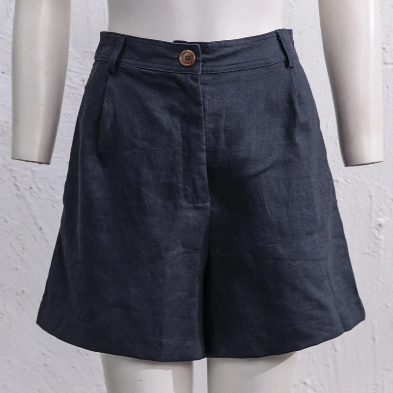 2024 Summer 100% Linen Women'S Shorts Casual High Waist Wide Leg Button Up Elegant Ol Short Pants Femme