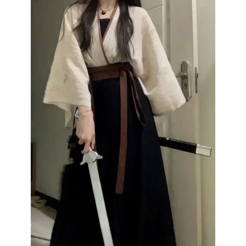 2023 Summer Improved Cotton Linen Hanfu Dress 3pcs Chinese Traditional Women's Clothing Japanese Lace Up Kimono Cosplay Heroine