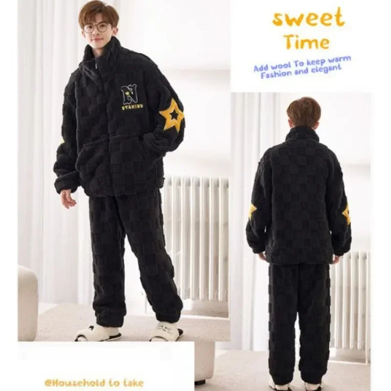 2024 New Flannel Pajamas Men Autumn Winter Zipper Sleepwear Warm Winter Plus Velvet Loungwear Padded Coral Velvet Homewear Suit