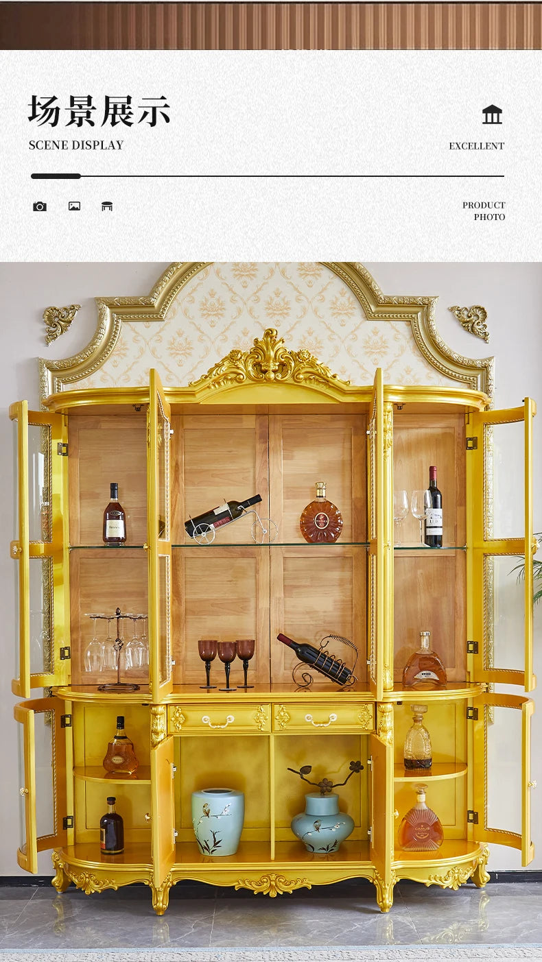 Wine cabinet solid wood four-door multifunctional locker arc high-grade villa decorative cabinet gold living room