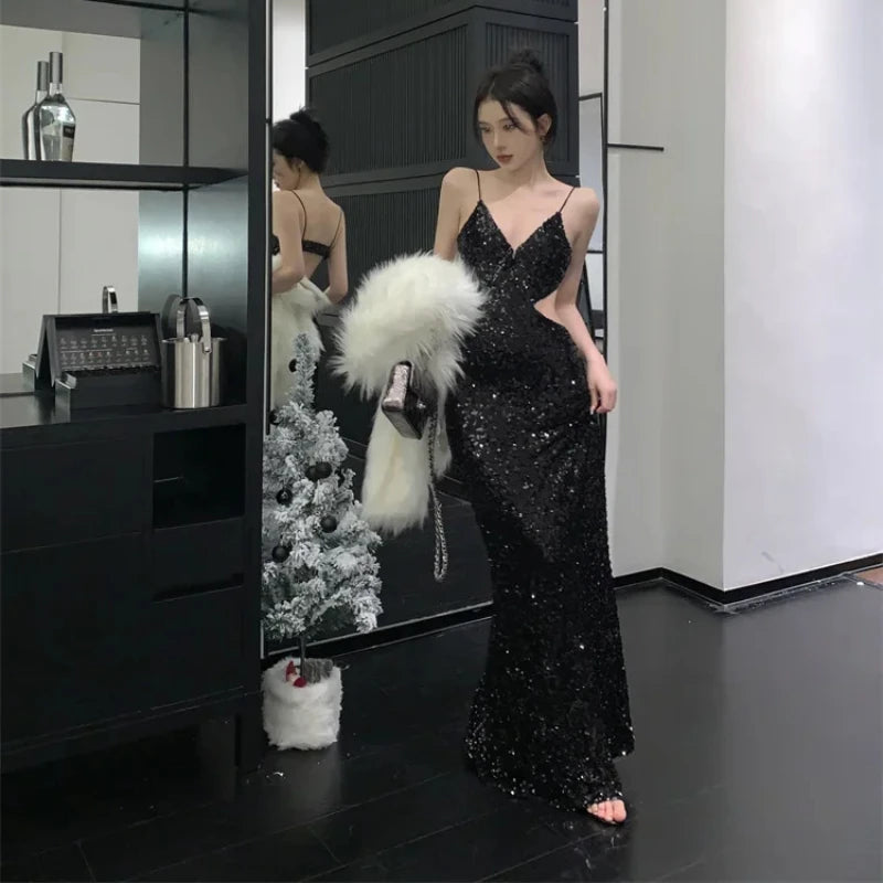 Sexy Glitter Long Black Dress Women V-neck New Year Evening Party Suspender Dress Cut-out Waist Sequin Backless Dresses Vestido