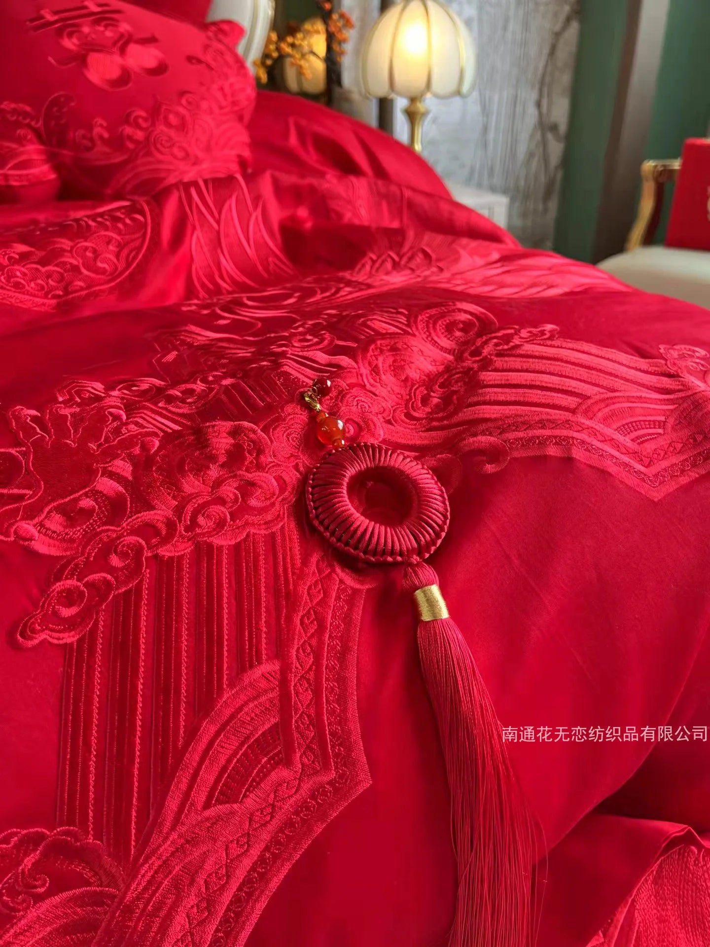 160 Thread Count Long Staple Cotton Embroidered Wedding Four Piece Set of Joyful Red Wedding Bedding Products