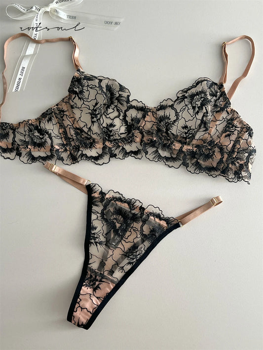 Vintage floral sexy lace adjustment push up lingerie hollowed out  top support bras ladies steel ring bra underwear sets