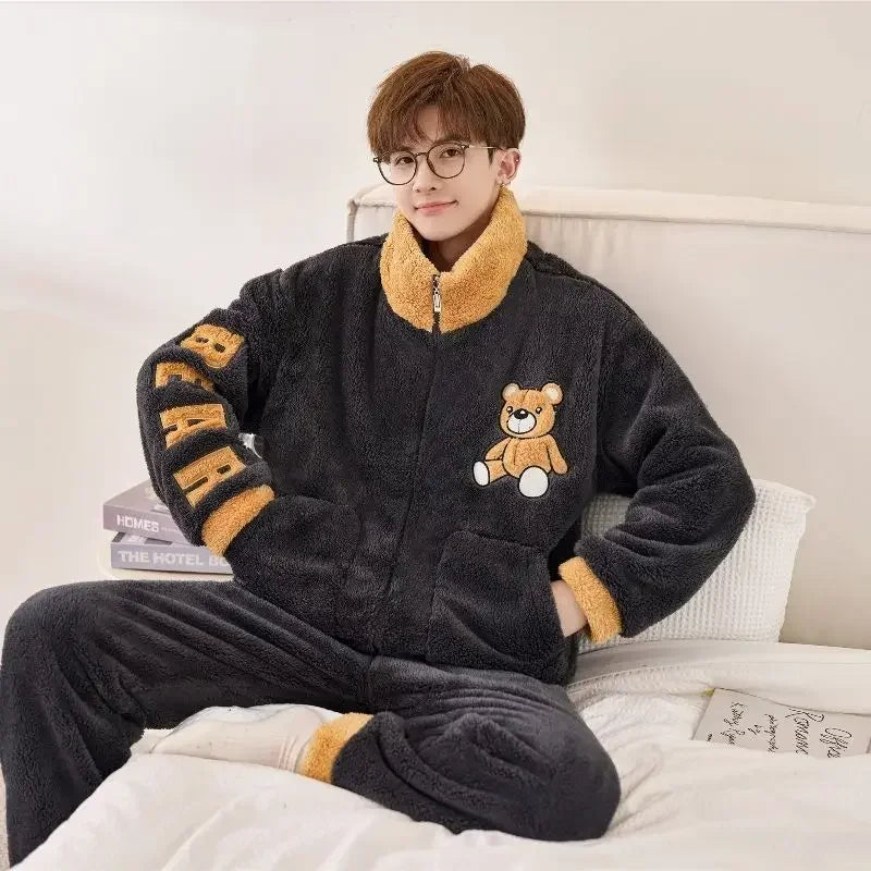 2024 New Flannel Pajamas Men Autumn Winter Zipper Sleepwear Warm Winter Plus Velvet Loungwear Padded Coral Velvet Homewear Suit