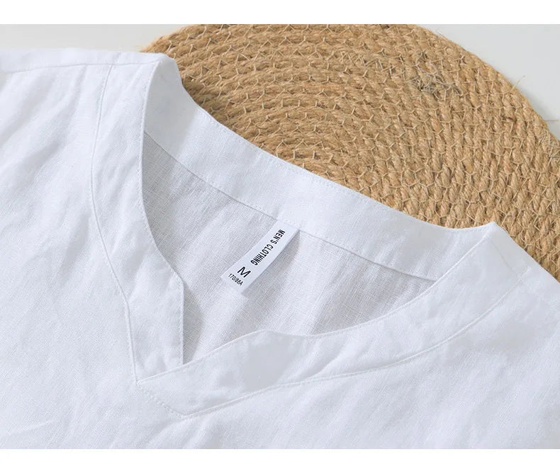 Summer New 100% Linen Short Sleeve T Shirt for Men Casual Thin Solid Color Slim Men Clothing BL998