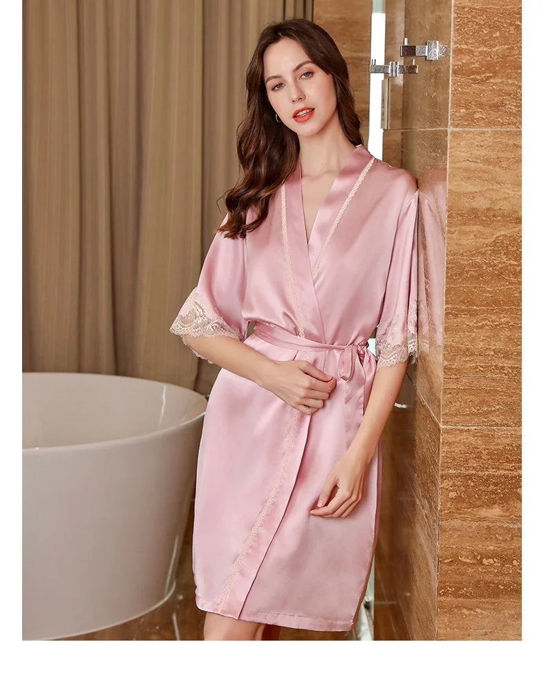19 momme Pure Silk Lace Chemise Nightgown and Robe Set Ladies Two-Piece Luxury Satin Home Suit for Women Sexy Silk Pajamas Woman