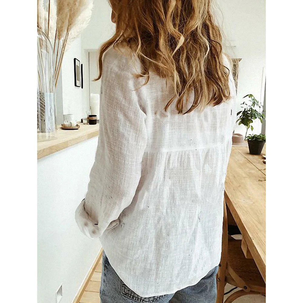 S-5XL Oversized Women Loose Cotton Linen Blouse Summer Fashion Lady Turn Down Collar Long Sleeve Solid Shirt Tops WYLP-D0002