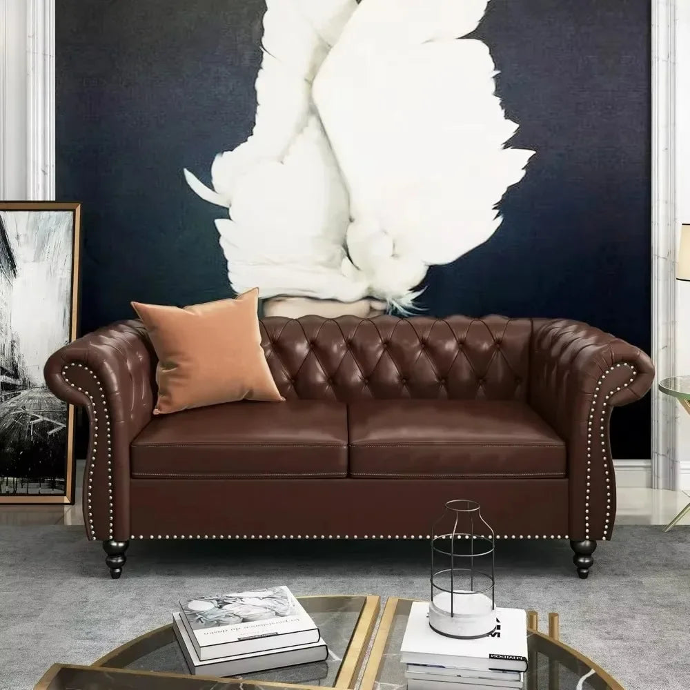2 Piece Living Room Set, Chesterfield Leather Sofa Loveseat Couch Chair with Scroll Arms and Nailhead for Living Room, Sofa