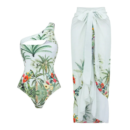 Women's One Shoulder Swimsuit One Piece with Pareo Swimwear Beach Dress Luxury Bikini Designer Bathing Suit Beache Sarong