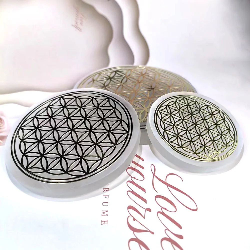Natural Selenite Slice Slab Flower of LIfe Gold Pattern Healing Energy Charging Plate For Cleansing Fengshui Meditation 7 Chakra