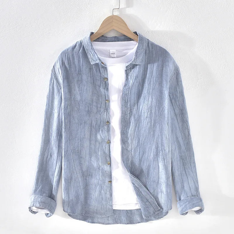 Men Spring Autumn High Quality Healthy 100% Linen Shirts Vintage Wrinkled Soft Breathable Slim Fit Tops Business Casual Shirts