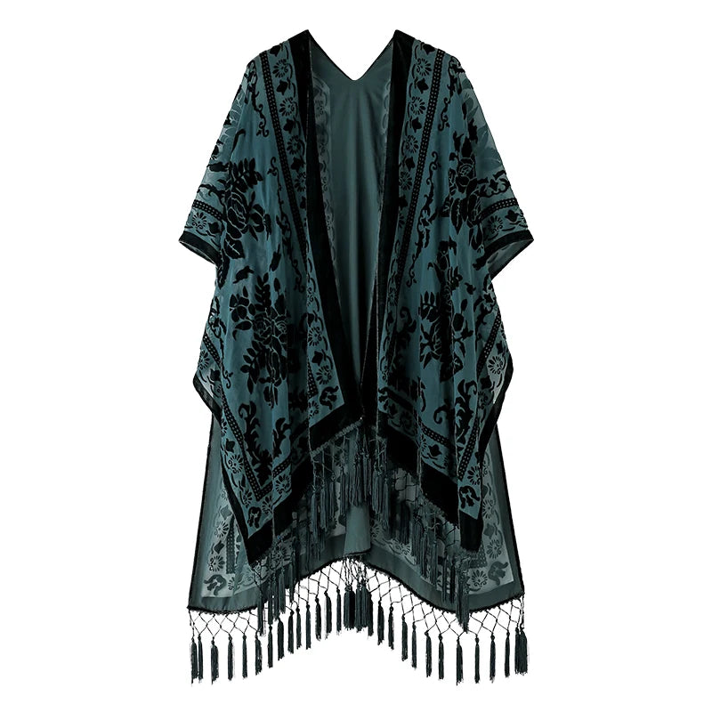 WeHello Burnout Velvet Kimono For Women Luxury Fashion Long Cardigan With Tassel Beach Cover-up Holiday Cardigan Shawl