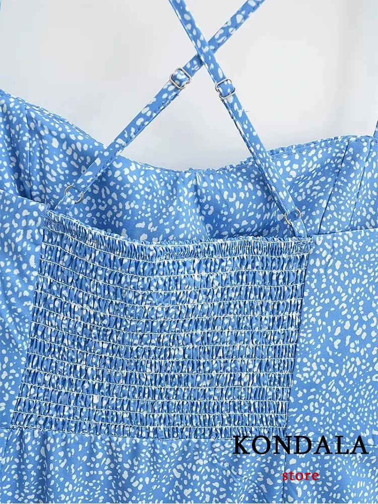KONDALA Vintage Sexy Print Dot Sheath Split Cami Long Women Dress Fashion 2023 Summer Asymmetrical  Backless Party Strap Vestido
