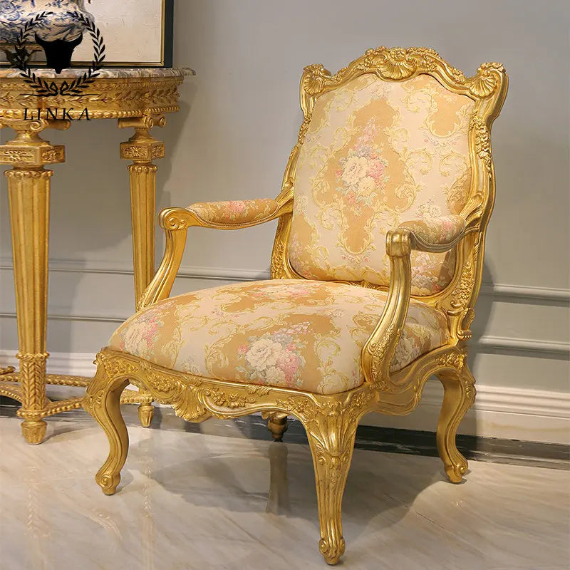 European deluxe solid wood leisure chair heavy industry carved gold foil villa living room bedroom single chair