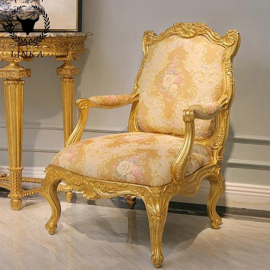 European deluxe solid wood leisure chair heavy industry carved gold foil villa living room bedroom single chair