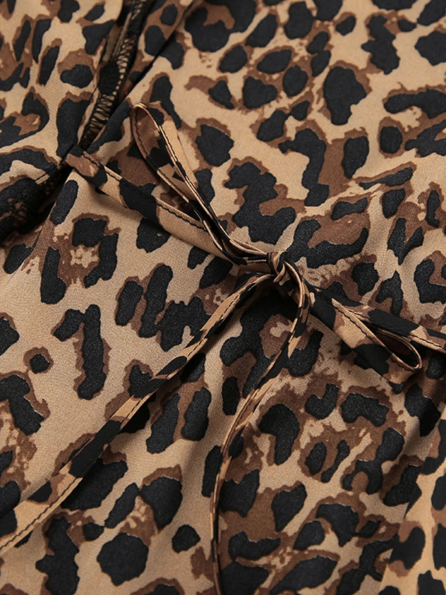 Mozuleva Women's Summer Deep V-neck Leopard Print Sexy Pajamas Retro Feather Patchwork Long Sleeved Tied Nightgown Female Robes