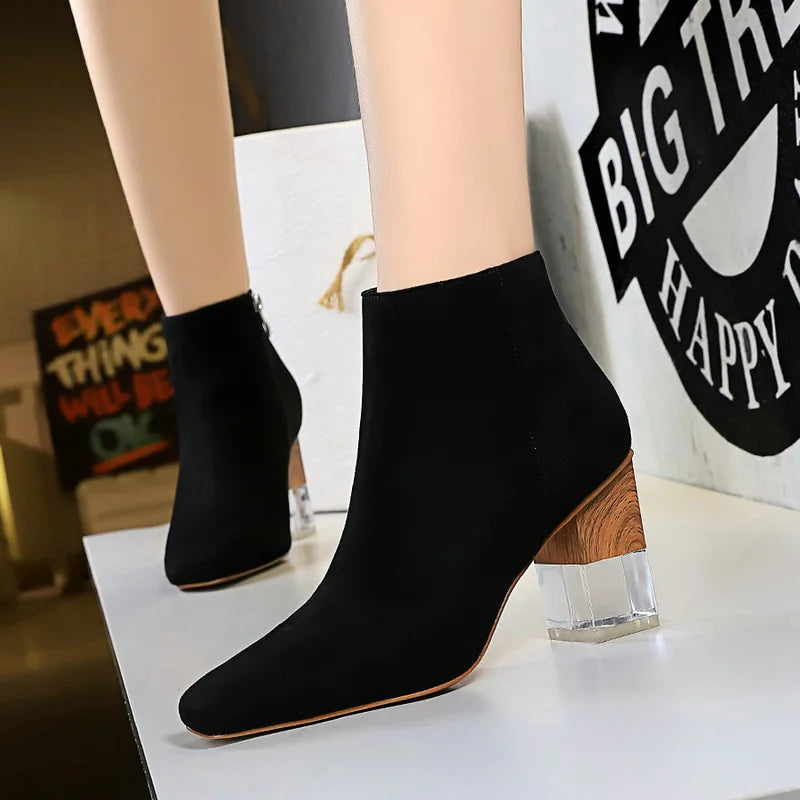 Women Ankle Length Flock Boots Fashion Square Toe High Heel Shoes Winter Ankle Boots Ladies Shoes 298-2