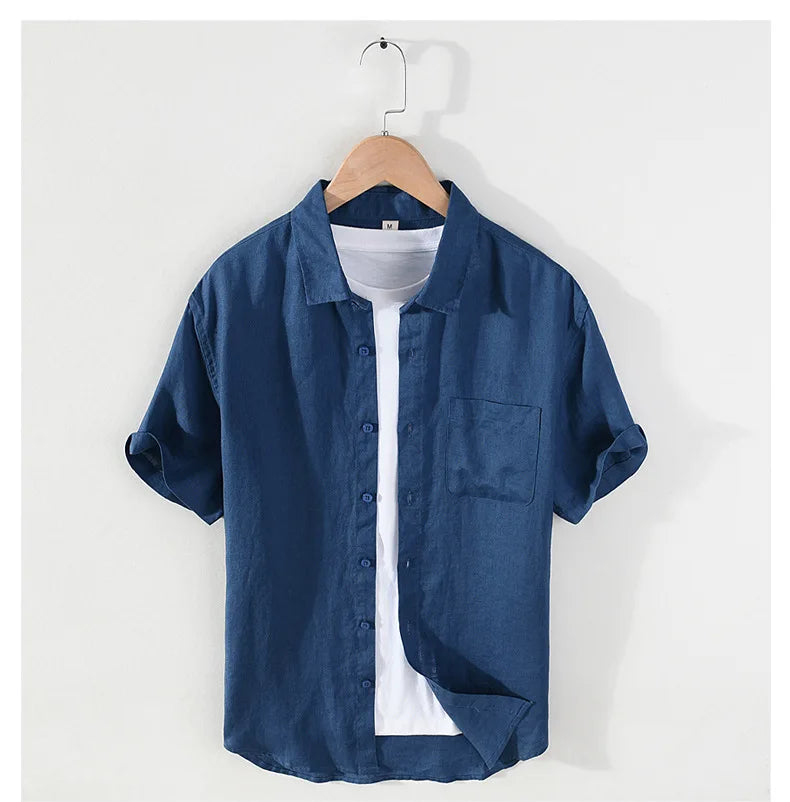 923 100% Linen Men's Summer Fashion Shirt High Quality Solid Color Simple Casual Short Sleeve Blouses Basic Thin Breathable Tops