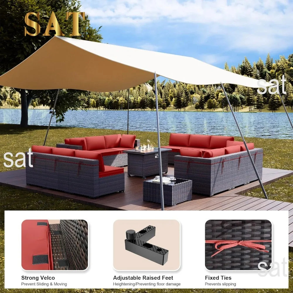 15Pieces Outdoor Patio Furniture Set with 43" Gas Propane Fire Pit Table PE Wicker Rattan Sectional Sofa Patio Conversation Sets