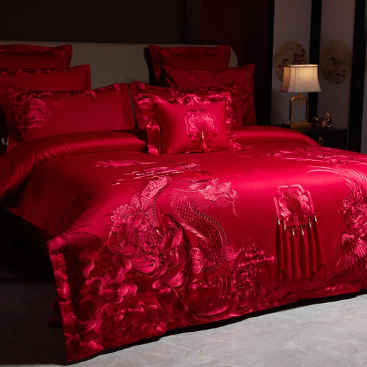 Luxury Gold/Red Loong Phoenix Embroidery Chinese Wedding Tassels Egyptian Cotton Bedding Set Duvet Cover Bed Sheet Pillowcases