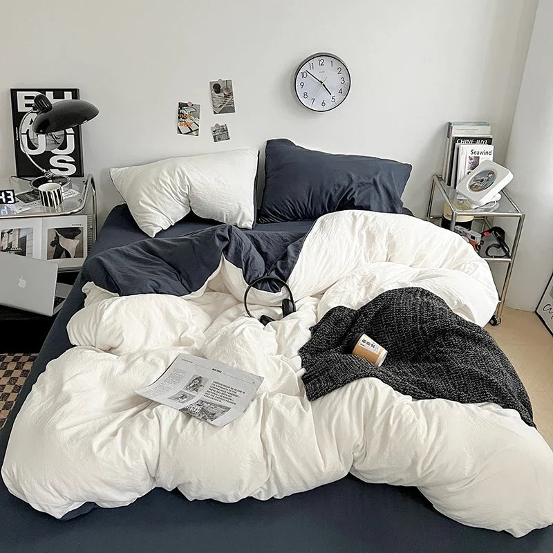 Solid Color Duvet Cover Set 100% Washed Cotton Bedding Set Super Soft Comfortable Lightweight Comforter Cover with 2 Pillowcases
