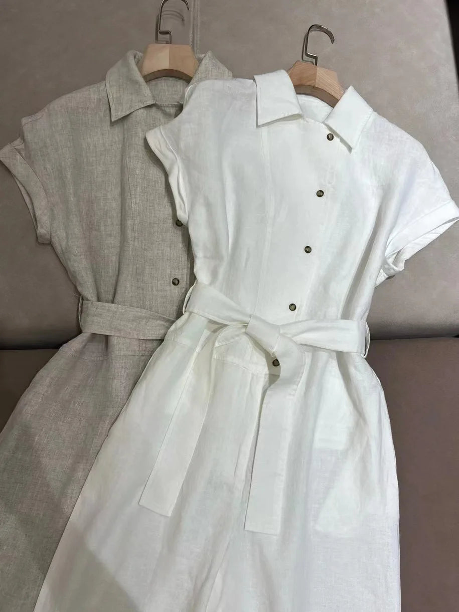 Women 100% Linen Rompers Front Buttons Short Sleeve Turn-down Collar Solid Color Elegant Jumpsuits
