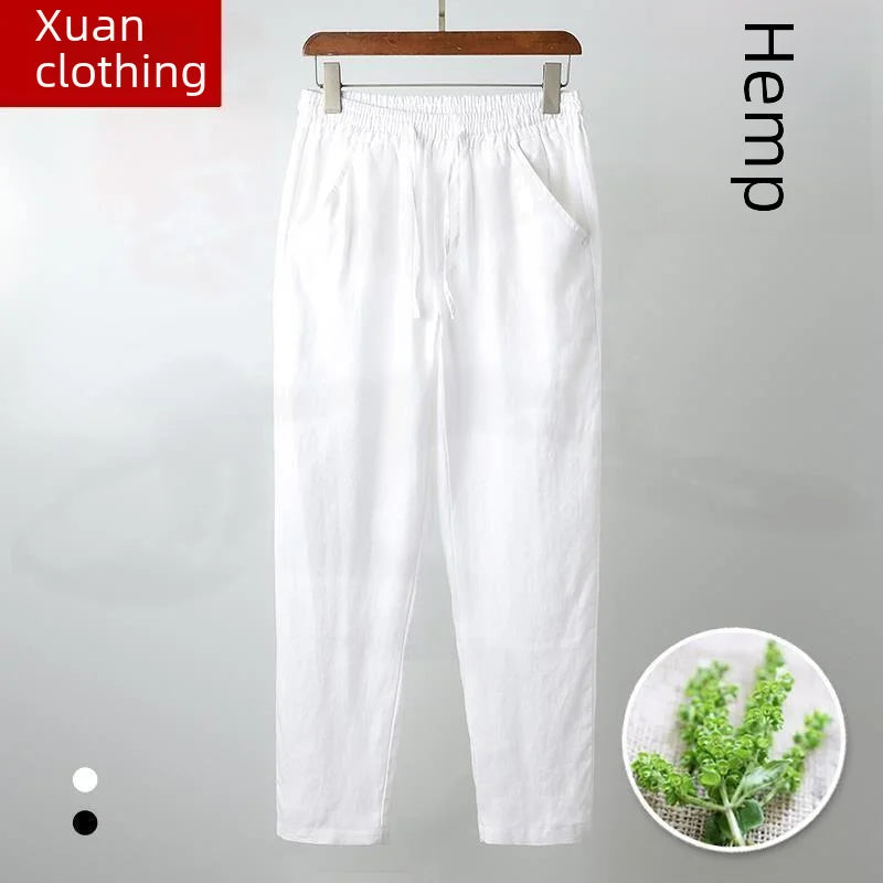 Men's Slim Fit Linen Cropped Pants Casual White Straight Leg Pants Loose Fit Summer Cotton Linen Mix For Middle Age Dads