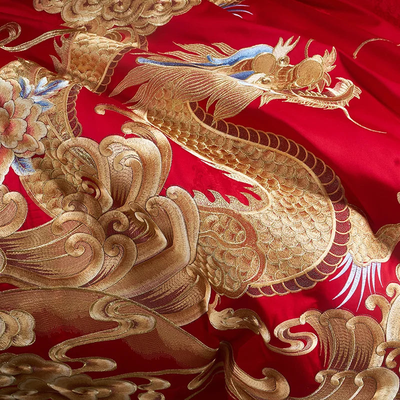 Luxury Gold/Red Loong Phoenix Embroidery Chinese Wedding Tassels Egyptian Cotton Bedding Set Duvet Cover Bed Sheet Pillowcases