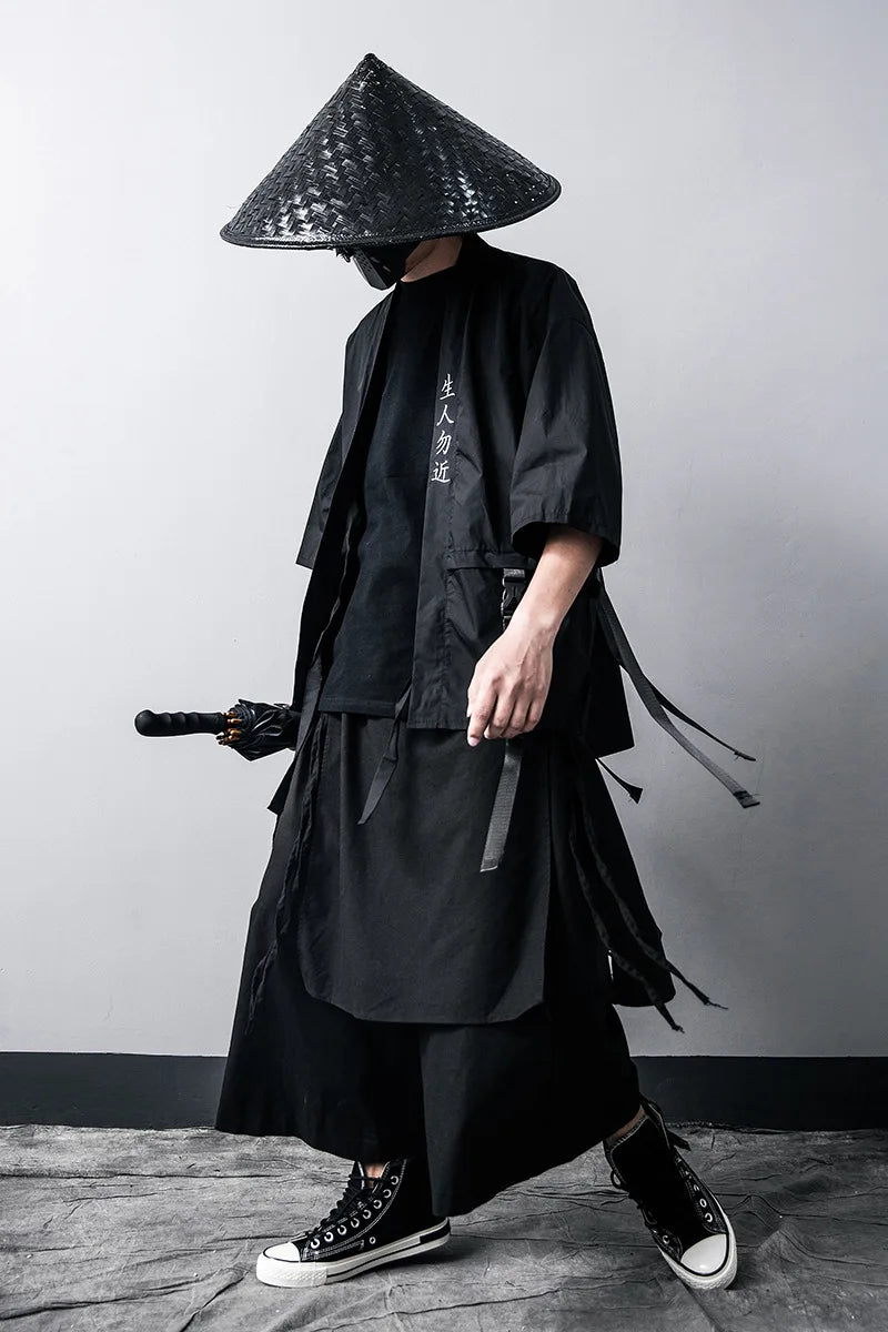 Japanese Traditional Black Kimono Cardigan Diablo Samurai Ninja Cosplay Suit Chinese Hanfu Style Coat Streetwear Top and pants