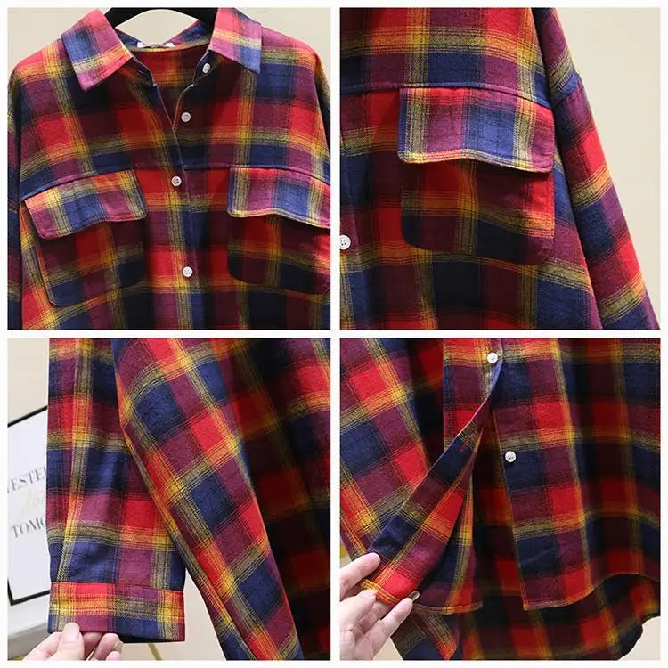 Fashion Women's Blouses Contrasting Colors Plaid Polo-Neck Shirt Female 2022 Autumn Korean Loose Long Sleeve Casual Pockets Tops