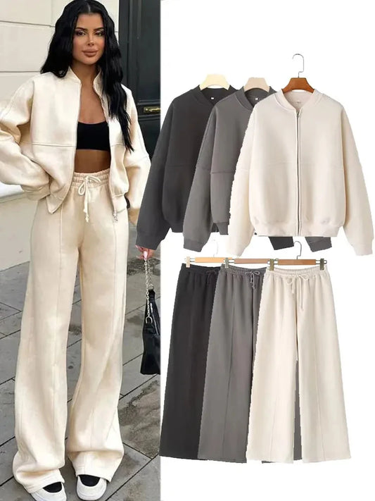 Women Sweatsuit Set Vintage O-neck Zipper Bomber Jackets High Waist Loose Pants Suit Female 2025 Spring Fashion Lady Sportswear