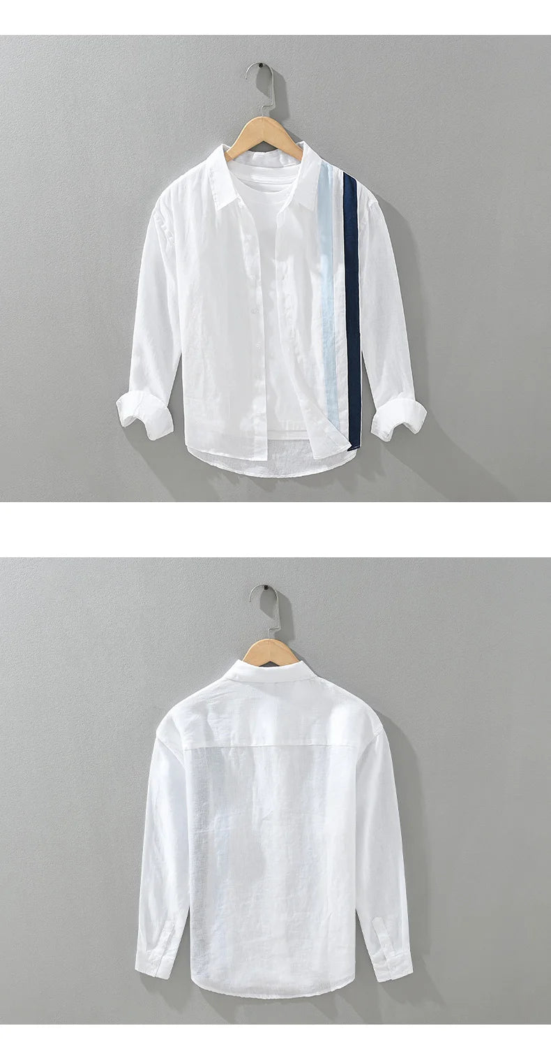 2024 New 100% Linen Long Sleeve Shirt for Men Loose Shirts No Bounce Fashion Striped Patchwork Men's Clothing