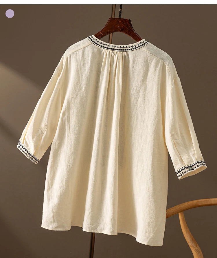 100% Linen Five-Sleeve Embroidered Shirt Women Blusas Femininas  Women Tops  Shirts for Women  Blusas De Mujer