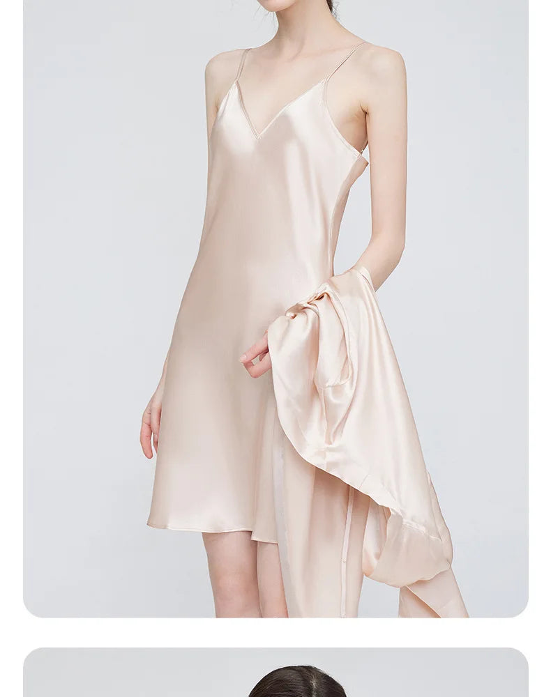 Birdtree 19MM 100%Real Silk Sleeping Robe Sling Dress, Sexy Elegant Women Fashion Night-robe Sets, V Neck Sleepwear S43918QM