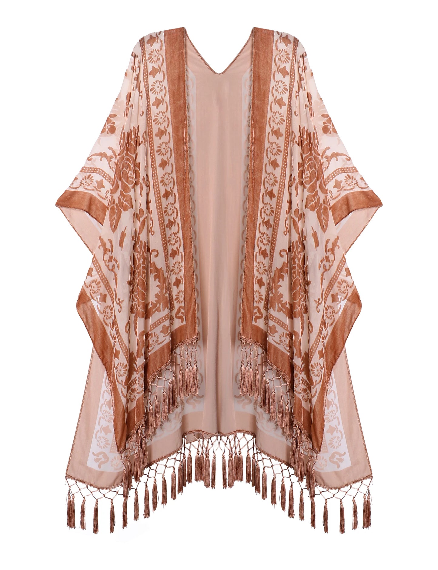 WeHello Burnout Velvet Kimono For Women Luxury Fashion Long Cardigan With Tassel Beach Cover-up Holiday Cardigan Shawl