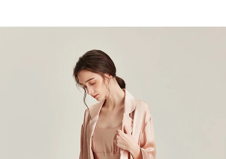 BirdTree 6A 19MM 100%Real Silk Satin Night Robe, Women Notched Neck Sash, Elegant Simple Pajama Robe, 2024 Spring Fall P469122QM