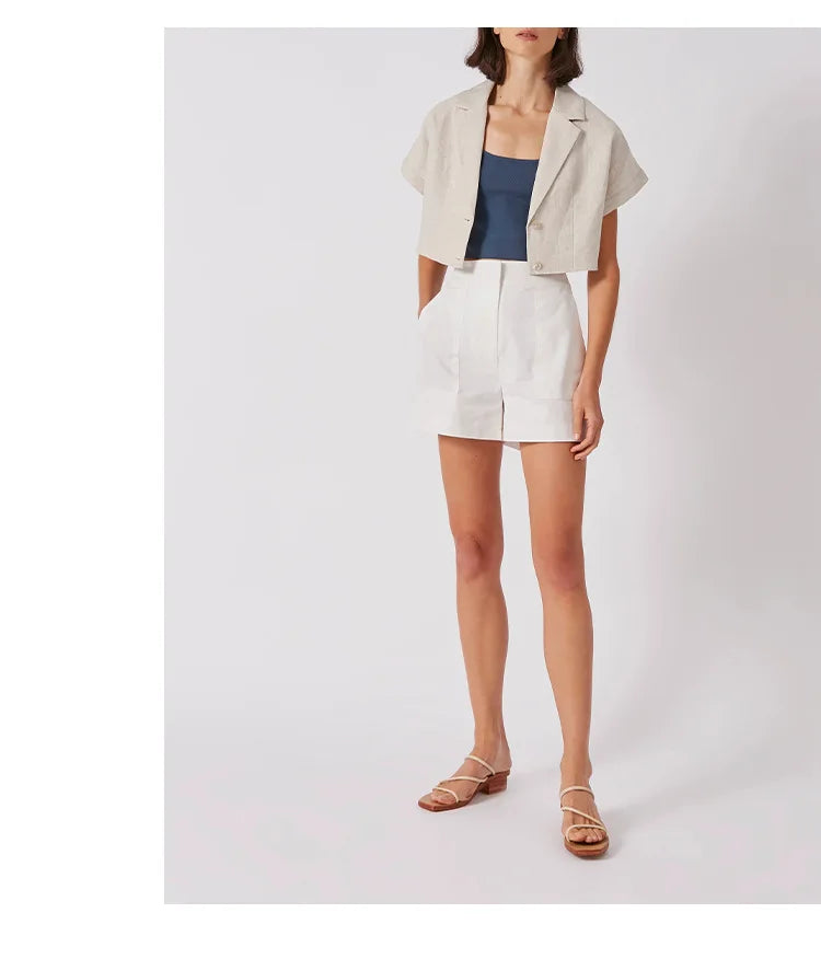 100% Linen Women'S Shirt Vintage Notched Collar Short Sleeve Button Up Shirts Elegant Fashion Woman Blouses 2024 Blusas Feminina