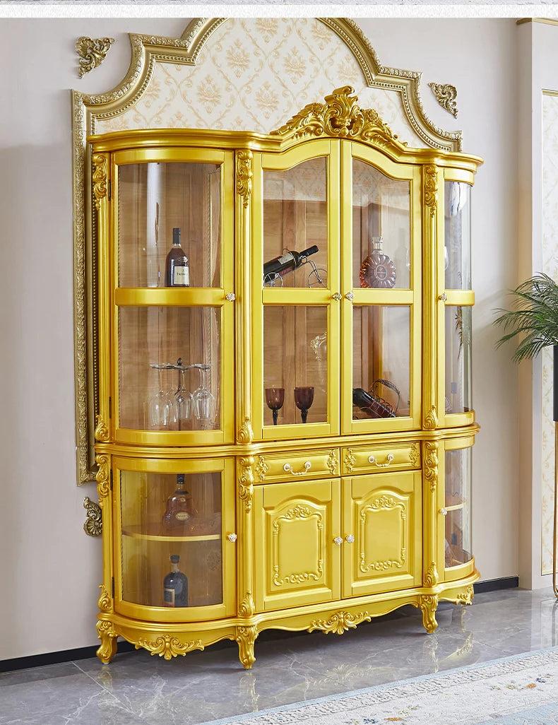 Wine cabinet solid wood four-door multifunctional locker arc high-grade villa decorative cabinet gold living room