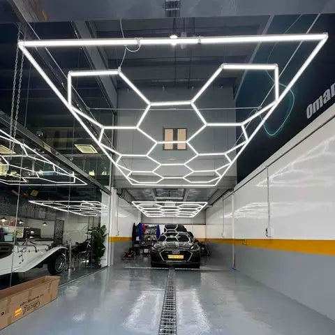 2.41*3.5M with Outline Hexagon Led Garage Lamp Inspection Hexagon Panel Light for Ceiling Wall Detailing Studio Poshing Workshop