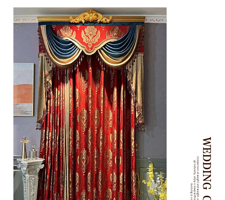 Red Gilded Jacquard Thickened Chenille Patched Curtains for Living Room Bedroom French Window Villa Customization Valance