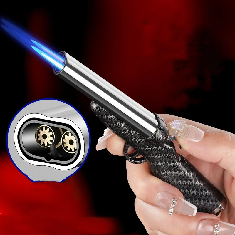 Creative Mini Gun Double Flame Lighter Windproof Double Jet Butane Gas Open Flame Lighter Smoking Accessories Men's Gift
