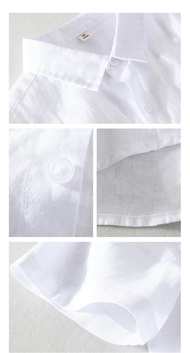 923 100% Linen Men's Summer Fashion Shirt High Quality Solid Color Simple Casual Short Sleeve Blouses Basic Thin Breathable Tops