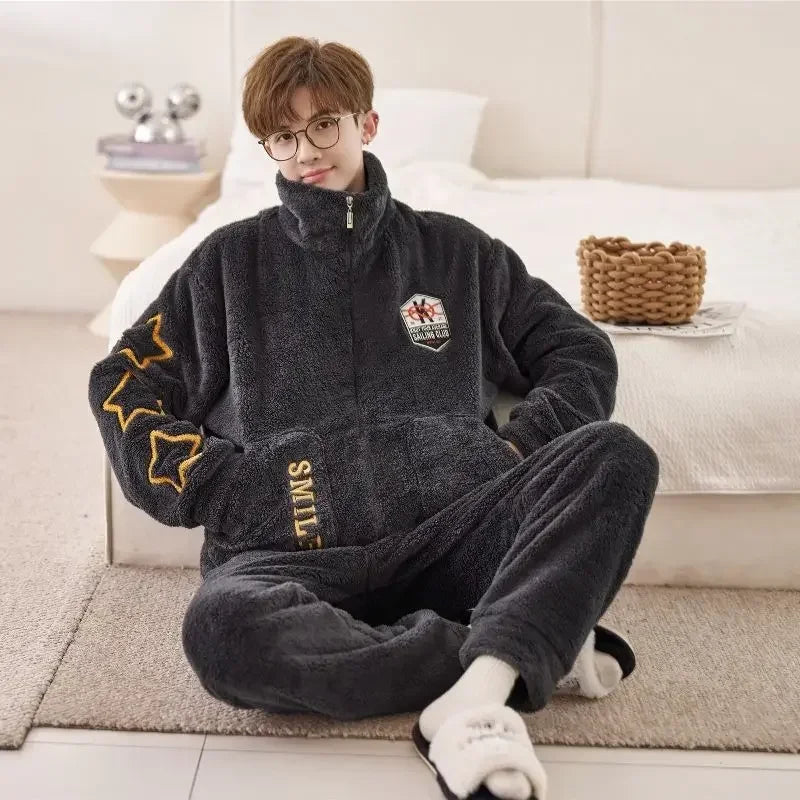 2024 New Flannel Pajamas Men Autumn Winter Zipper Sleepwear Warm Winter Plus Velvet Loungwear Padded Coral Velvet Homewear Suit