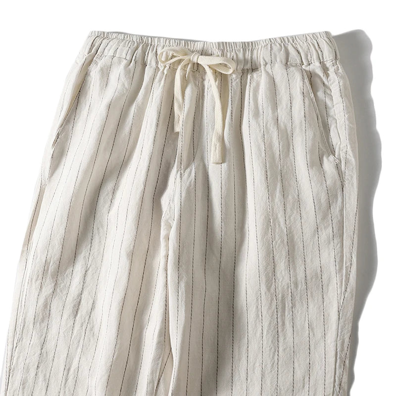 Cotton and Linen Comfortable Men's Fashion Trend Summer Pure Straight Stripe Thin Breathable Solid Color Loose Casual Pants